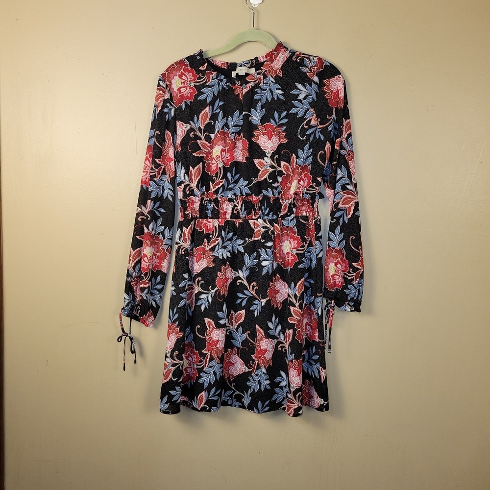 LOFT Floral Dress Womens 4 Black Red Blue Long Sleeve Smocked Waist Tie Cuffs